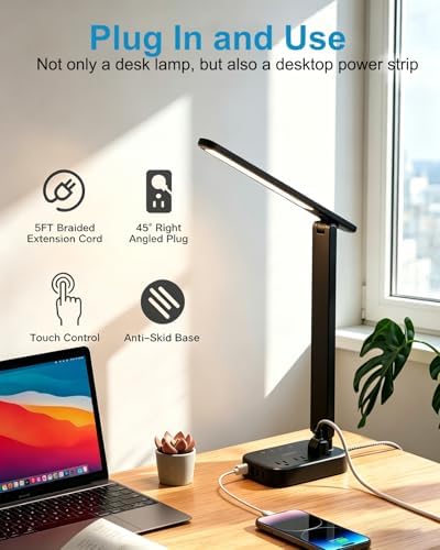 LED Desk Lamp Power Strip with 4 USB 3 Outlets, Dorm Room Essentials, Black