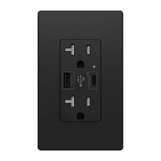 Micmi Black USB Type C + A Wall Outlet 24W Dual High Speed Receptacle 20 Amp, 4.8A Fast Charging Capability, Tamper Resistant Wall Plate Included UL Listed, Not for laptops, Type C (Black, 1 Pack)