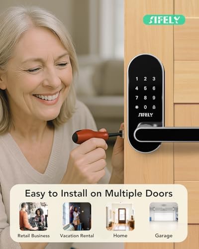 Built-in WiFi Smart Door Lock with Handle – Keyless Entry via App, Codes, Cards, Key, Voice & Remote Unlock, Auto-Lock, Access Logs, Family Sharing, Works with Alexa & Google, Great for Home & Rental