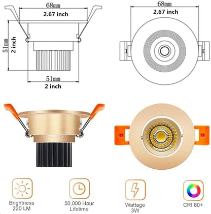 LightingWill 2inch LED Dimmable Downlight, 3W COB Recessed Ceiling Light, Daylight White 5500K-6000K, CRI80, 25W Halogen Bulbs Equivalent, Gold (10 Pack)