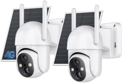SEHMUA 2 Pack 4G LTE Cellular Solar Security Camera Wireless Outdoor, No Wi-Fi Solar Powered Camera, 360° Live View, 2K Color Night Vision, PIR Motion Sensor, Two-Way Talk, Built-in SIM Card, White