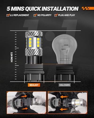 SEALIGHT 3157 LED Bulb Reverse Light, Brake Bulbs 1000% Brighter 6000K 1800LM Super Bright 3056 3156 3057 LED Bulbs with Projector Len for DRL Tail Brake Turn Signal Lights, White 2PCS