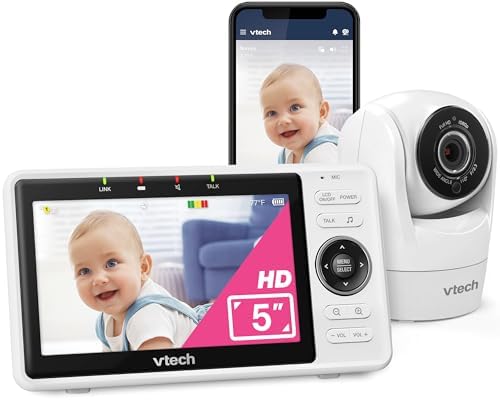 VTech Smart WiFi Baby Monitor – See Your Baby at Home or from Anywhere, Free App, 1080p Camera, 5" Screen, Pan-Tilt-Zoom, Night Vision, Two-Way Talk | VM901