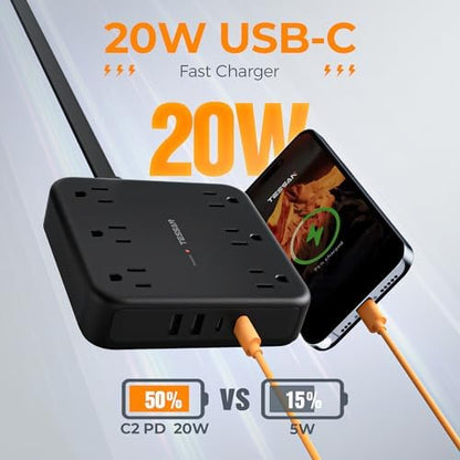 TESSAN Surge Protector Power Strip, 5Ft Flat Plug Extension Cord, Black