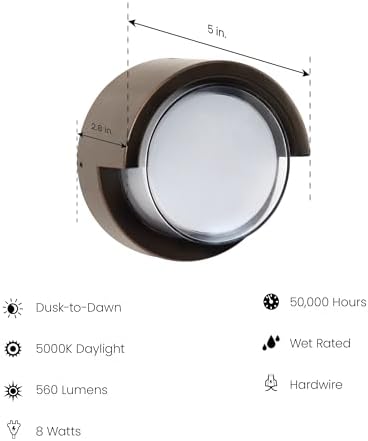 Feit Electric Outdoor LED Wall Sconce, Round Wall Mount Light Fixture, Dusk-to-Dawn, 5000K Daylight, Hardwired, Bronze Finish, Polycarbonate Lens, 50,000-Hour Lifetime, S5RWM/850/DD/BZ