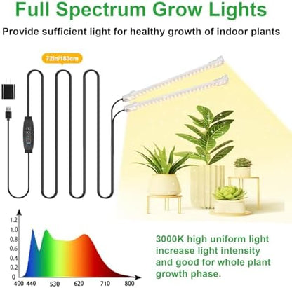 8.6'' Mini LED Grow Light Strips, Full Spectrum 3000K, 52 LED Plant Light with 3/9/12H Timer, 10 Dimmable Levels for Seedling, Succulent and Plant Shelf, 2 Head