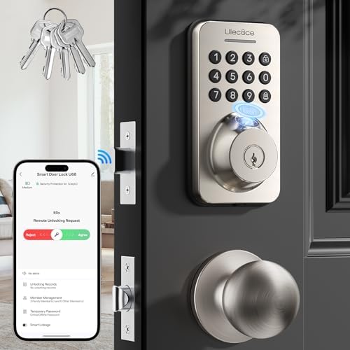 Ulecoce U68W WiFi Fingerprint Smart Door Lock with Knob Set, Satin Nickel