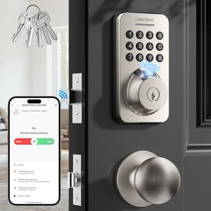 Ulecoce U68W WiFi Fingerprint Smart Door Lock with Knob Set, Satin Nickel