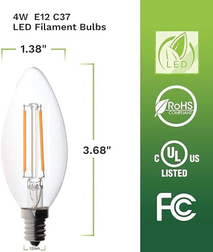 Bioluz LED Light Bulbs 4W Filament Candelabra Bulb, E12 Base High Efficiency LED Light Bulb, UL Listed, Ideal for Home Decor, Long-Lasting LED Bulbs, Bright and Energy Efficient, Pack of 12
