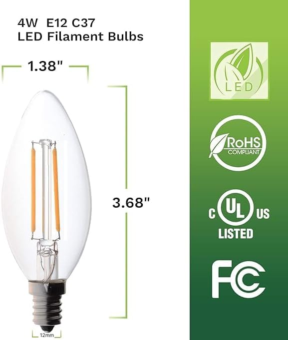 Bioluz LED 4W Filament Candelabra Bulb, E12 Base High Efficiency LED Candle Bulbs, UL Listed, Pack of 6