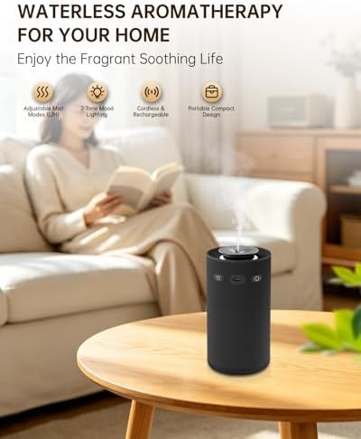 Waterless Essential Oil Diffuser for Home & Car,Fabric Covered with Ambient Light,2-in-1 Modes & Adjustable Mist Output,Cordless Portable Scent Machine with Auto Start-Stop,Fits 5/10/15ml