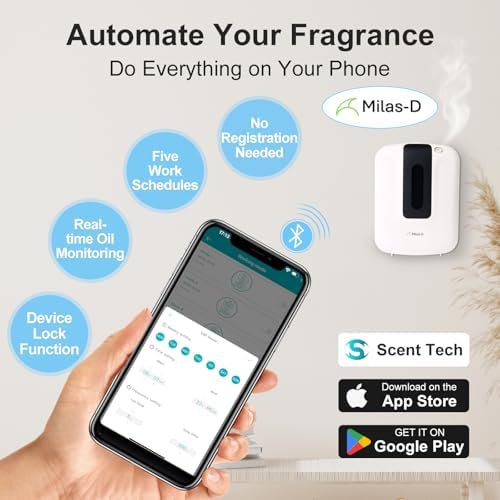 Waterless Essential Oil Diffuser for Home and Commercial, 13.5 fl.oz. Capacity Up to 2000 sqft, Smart Scent Air Machine, Aromatherapy Scent Diffuser for Large Room, Bluetooth, Cold Air, Milas-D