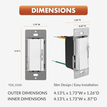 Newhouse Electric White 3-Way/Single Pole 0-10V Dimmer Switch for LED Drivers or Fluorescent Ballasts TDS-010V, Modern Wall Light Dimmer Switch for Contemporary Interior Design