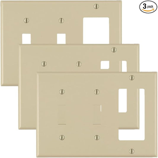 Leviton 80421-I 3-Gang 2-Toggle 1-Decora/GFCI Device Combination Wallplate, Standard Size, Thermoset, Device Mount, Ivory (Pack of 3)