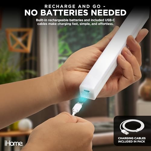 iHome Rechargeable Auto Sensing Light Bars, Motion Sensor, Dimmable, Auto/Always-On Modes, Easy Installation (4-Pack 8" LED Light Bar)