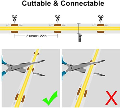 Pandery COB LED Strip 32.8ft,Dimmable Strip Lights, 6000K Daylight Super Bright LED Strip Lights, DC24V CRI90+,LED Tape Light with UL-Listed Power Supply, Indoor for Closet,Bedroom,Kitchen