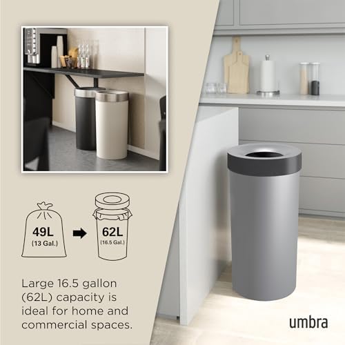 Umbra Vento Kitchen Trash Can, Open Top Bin, 16.5 Gallon, Grey/Nickel
