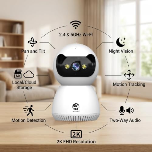 JOOAN 2K Indoor Security Camera, 5G/2.4G WiFi Pet Camera, Color Night Vision, PTZ Auto Tracking, Motion & Sound Detection, 2-Way Audio, for Baby/Elderly, Multi-User Shared, Local & Cloud Storage
