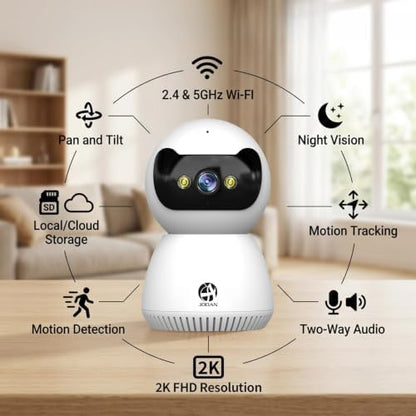 JOOAN 2K Indoor Security Camera, 5G/2.4G WiFi Pet Camera, Color Night Vision, PTZ Auto Tracking, Motion & Sound Detection, 2-Way Audio, for Baby/Elderly, Multi-User Shared, Local & Cloud Storage