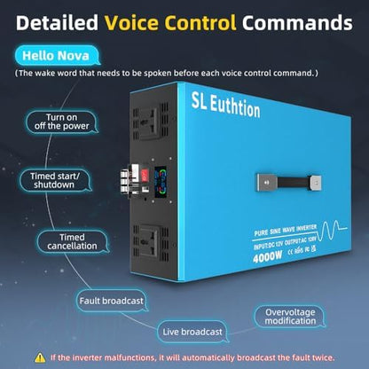 4000W Pure Sine Wave Power Inverter Voice Control AI Voice Assistant Support English 24V to 120V 60HZ with LCD Display, USB Port, for Car Home Laptop Truck
