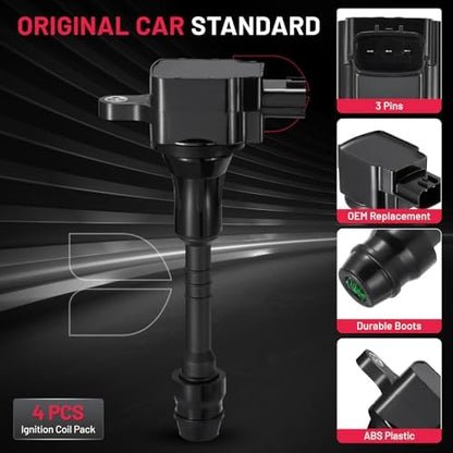 BDFHYK Ignition Coil Packs Compatible with Nissan 2002-2006 Sentra 1.8L l4, 2001-2005 Almera 1.8L l4,Coil for 22448-6N000 22448-6N002 22448-6N010 C1397 E381 1788306 5C1394 UF351 Set of 4