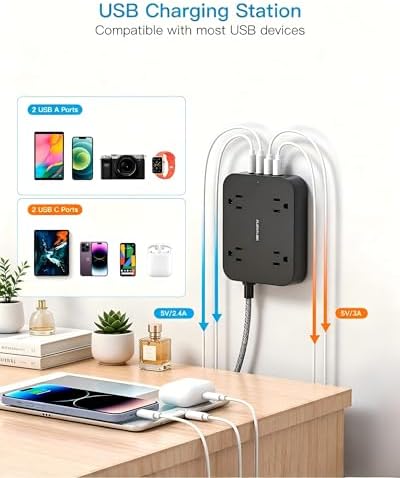 10 Ft Braided Extension Cord, Ultra-Thin Flat Plug, 4 Widely Spaced Outlets