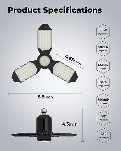 toberich LED Garage Lights 6 Pack, 8000LM Shop Lights 6500K
