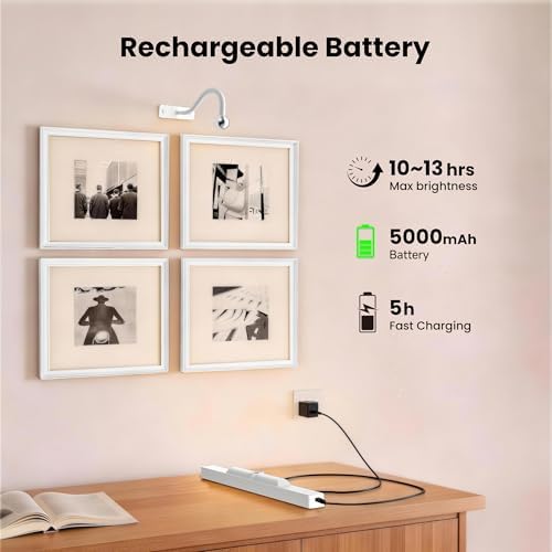 Cordless White Picture Lights for Wall Artworks - Wireless Remote, 3 Modes Dimmable 350LM Above Frame Lighting, 5000mAh Rechargeable Battery Wall Mount for Photo, Gallery,Paintings,Dartboard(2-Pack)