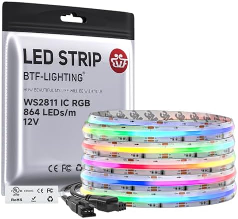 BTF-LIGHTING IP66 RGB WS2811 Smart IC FCOB COB LED Strip, UL Listed 864LEDs/m High Density Color Chasing Uniform Light, DC12V 16.4FT 12mm Width Tape Light for Home DIY Decor(No Adapter or Controller)