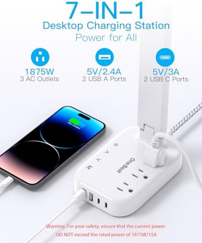 One Beat Small LED Desk Lamp Power Strip 5ft Extension Cord with 3 Outlets 4 USB Ports(2 USB C), 4 Modes, 5 Level Touch Lamp Study Reading Light, Home Office Bedroom College Dorm Room Essentials,White