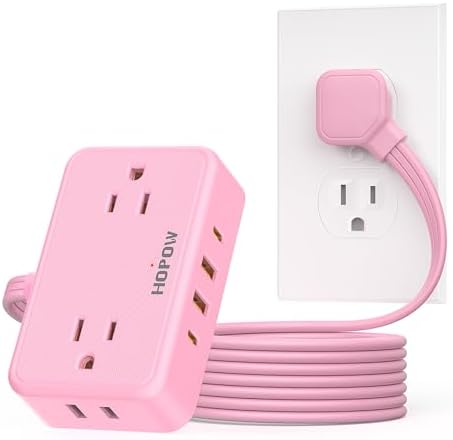 HOPOW Pink Extension Cord, 6 FT Flat Plug Power Strip, 4AC&2A2C, 1625W/13A
