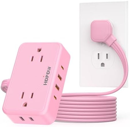 HOPOW Pink Extension Cord, 6 FT Flat Plug Power Strip, 4AC&2A2C, 1625W/13A