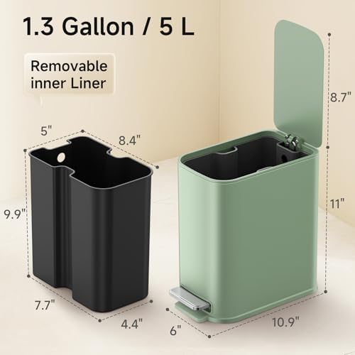 TIPGO Small Bathroom Trash Can with Lid Soft Close,1.3 Gallon, Green