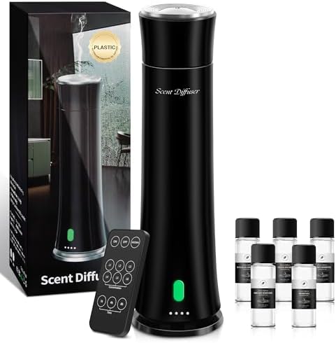 Hotel Scent Diffuser Starter Kit - 1500 Sq Ft Coverage, Premium Plastic Essential Oil Diffuser, Waterless Diffuser for Home, Hotel, Office, 5 Scent Essential Oils Included, Large Room, Black, 11In