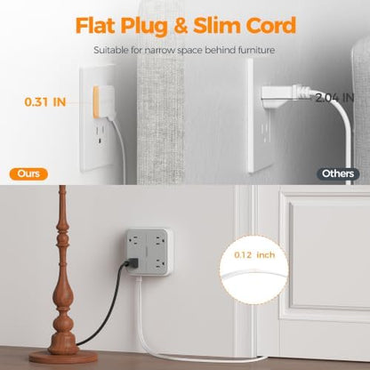 TESSAN Surge Protector Flat Extension Cord 5Ft, Flat Plug Power Strip