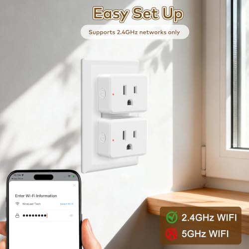 NineLeaf Wireless Motion Sensor WiFi Slim Outlet 260FT Remote Smart Switch | Adjustable Sensing Mode, App Control, WIFI Auto Control Lights Fan Appliances, No Wiring,Garage,1Sensor 5Plugs