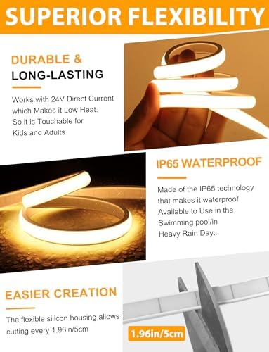COB LED Strip Lights, Warm White Dimmable Rope with Remote, 19.6ft