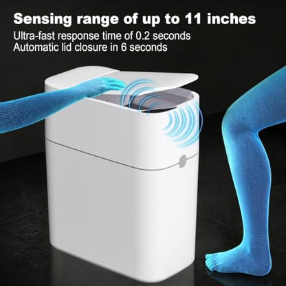 funest Bathroom Trash Can, Automatic Bagging Garbage Can, 3.5 Gallon Slim Smart Small Plastic Trash Bin, Narrow Motion Sensor Trash Can for Bedroom, Office White