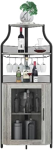 GAOMON Corner Bar Storage Cabinet, 5-Tier Farmhouse Liquor Cabinet with Glass Holder Wine Cabinet with Barn Door & Adjustable Shelf, Home Bar Storage for Home,Dining Room, Kitchen, Gray