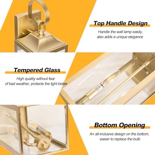 19" Gold Outdoor Wall Lantern 2-Light, Large Modern Outdoor Sconce Lights