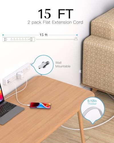 2 Pack Extension Cord 15FT, Power Strip Surge Protector with 6 Outlets and 4 USB Ports (2 USB C), Flat Plug Overload Protection, Extension Cord with Multiple Outlets, Wall Mount for Home Dorm College