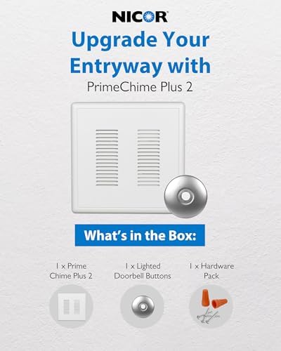 PrimeChime Plus 2 Electric Doorbell Kit - Doorbells for Home - Includes Selectable Ring Chimes - Stucco Button, Nickel - NICOR Lighting