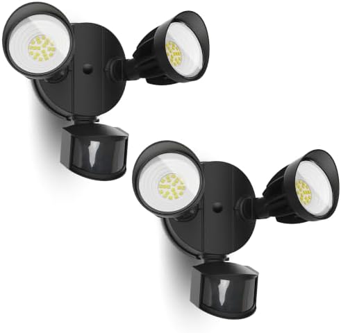 UME 2 Pack LED Security Light Motion Sensor Outdoor Lights, 27W 3500LM, 5000K, IP65 Waterproof, Dusk to Dawn, 2 Head Motion Detector Flood Light for Outside, Garage, Yard (Black)