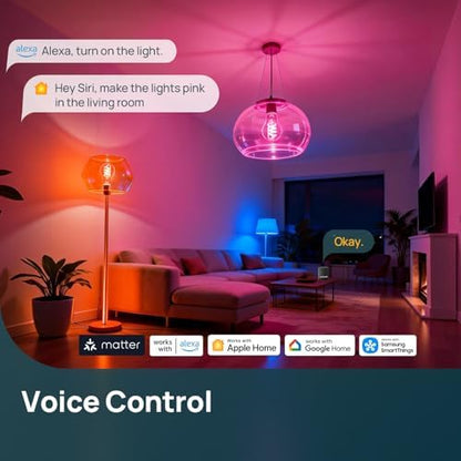 Linkind Matter A19 Smart Light Bulbs, Alexa/Apple Home, 2Pack (Pack of 2) | Smart Edison Bulb, Voice Control, Music Sync, Timer, Tunable White(1800K-6500K), Vintage Decor E26 LED Filament 60W 850LM