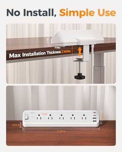 TESSAN Desk Clamp Power Strip 10 Ft with 2100J Surge Protector, Gray