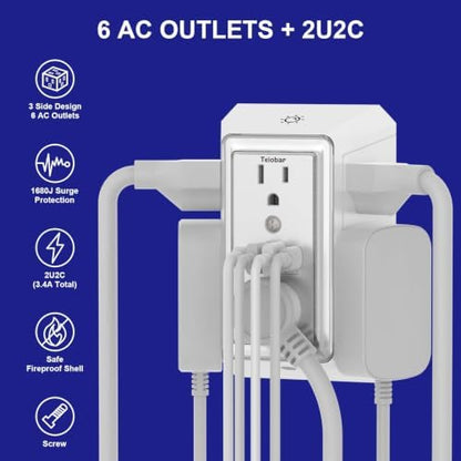 Multi Plug Wall Outlet Surge Protector with 6-Outlet & 4 USB Ports(2USB-C)
