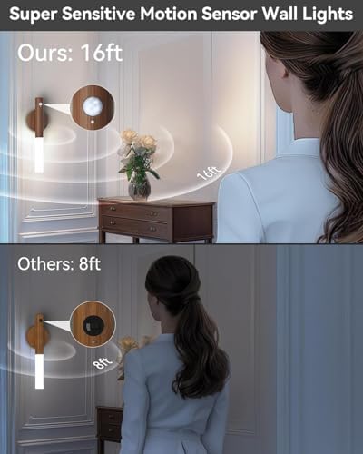iThird Battery-Operated Wall Sconce Wall Lights: 2200mAh Rechargeable Motion Sensor Magnetic Wireless Stairway Lights Portable Hallway Light Wooden Wall Lighting for Bedroom Stair(White Light)