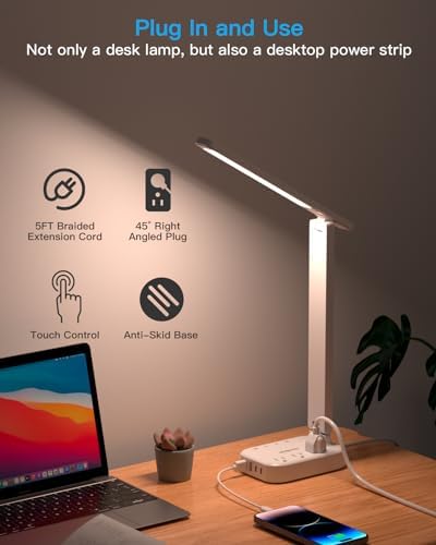 One Beat Small LED Desk Lamp Power Strip 5ft Extension Cord with 3 Outlets 4 USB Ports(2 USB C), 4 Modes, 5 Level Touch Lamp Study Reading Light, Home Office Bedroom College Dorm Room Essentials,White