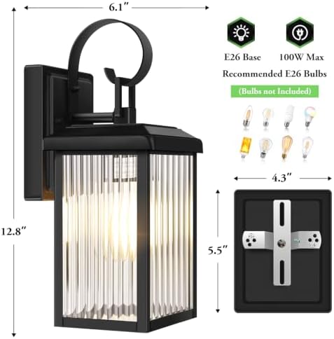 BesLowe 2-Pack Outdoor Wall Light Fixtures with Fluted Glass, Black
