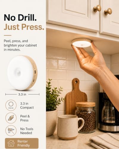 EZVALO Under Cabinet Lighting, 1000mAh Rechargeable Puck Lights with Remote, 3 Color Temps & 12 RGB Motion Sensor Closet Lights Indoor, Dimmable Under Counter Lights for Kitchen (Wood Grain, 6 Packs)